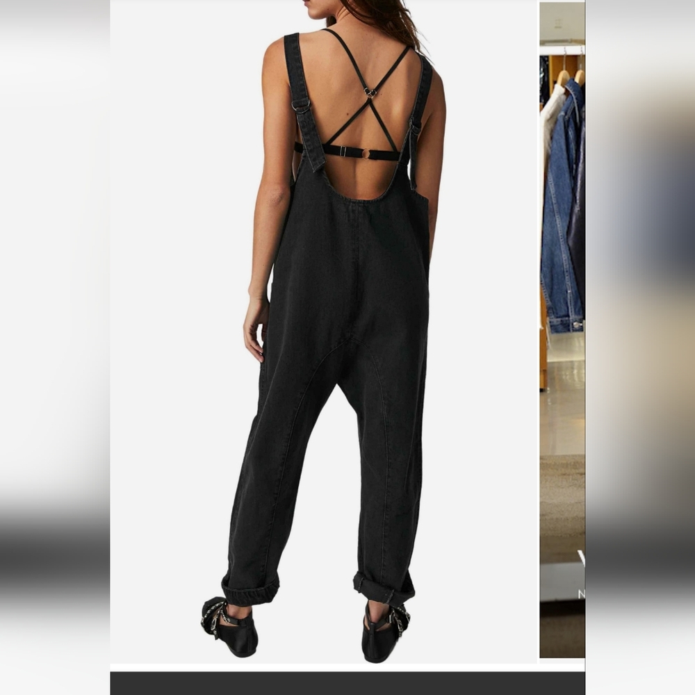 FREE PEOPLE DEMIN High Roller Black Overalls SZ Large